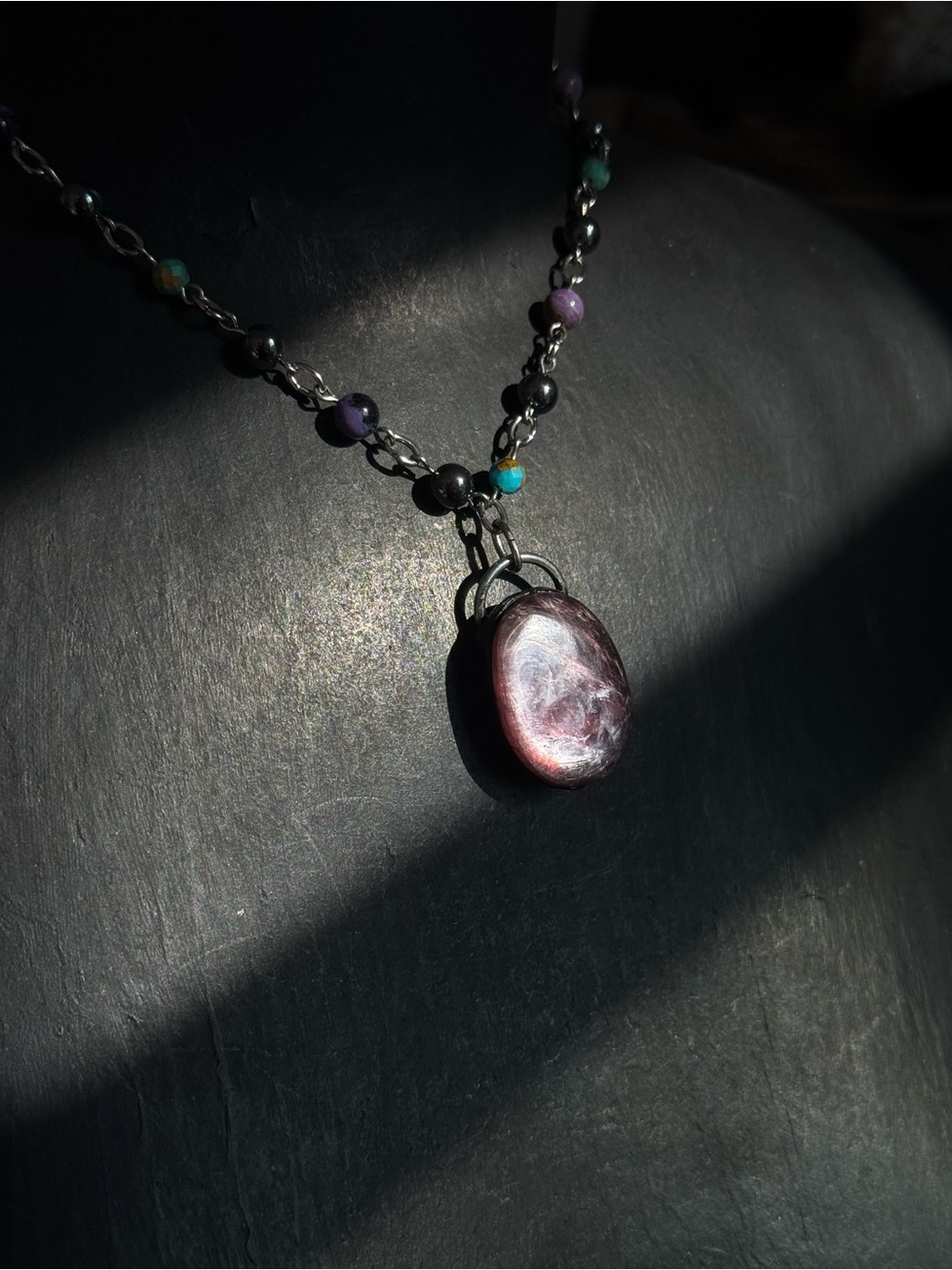 Lepidolite crystal necklace pendant on beaded chain rosary chain jewelry boho